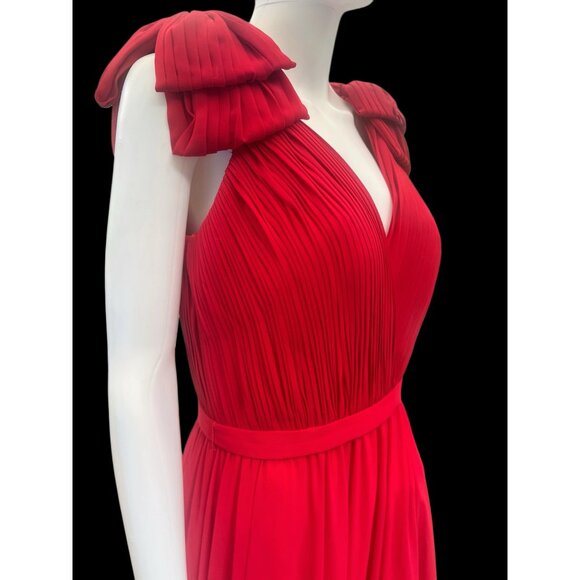 Flowy Red Evening Gown With Pleated V-Neck Bodice Dramatic Shoulder Bows & Back - Picture 3 of 10